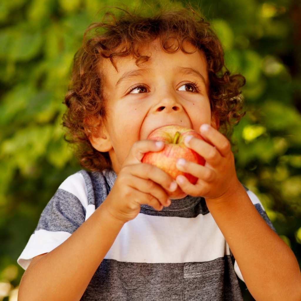 Niño comiendo manzana, para ilustrar alimentación selectiva en niños con autismo tratada con la terapia ABA