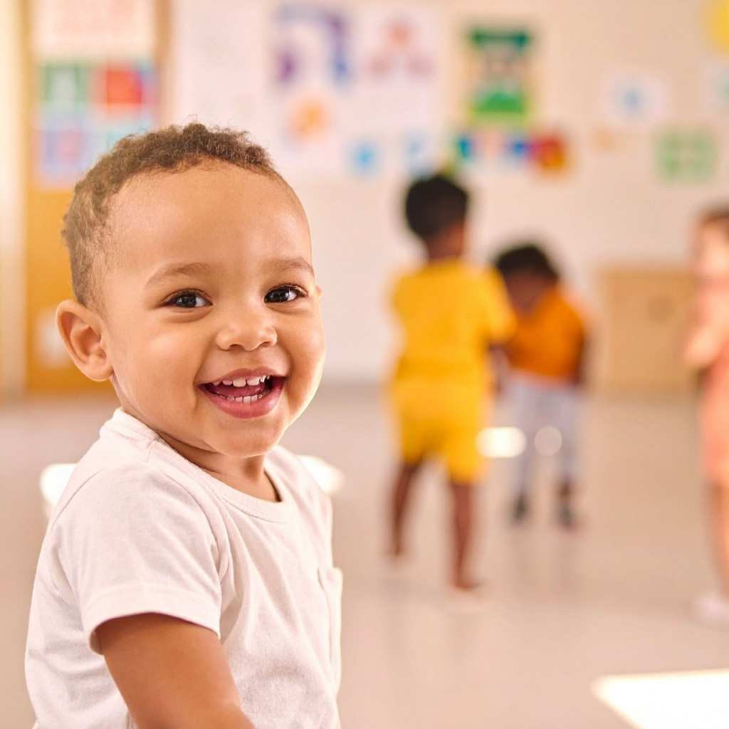 Niño pequeño sonriendo en un entorno de aprendizaje para la primera infancia